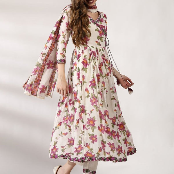 Anouk Floral Printed V-Neck Angrakha Thread Work Pure Cotton Kurta with Trousers & Dupatta - Distacart