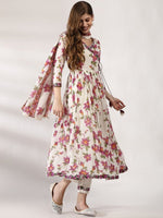 Thumbnail for Anouk Floral Printed V-Neck Angrakha Thread Work Pure Cotton Kurta with Trousers & Dupatta