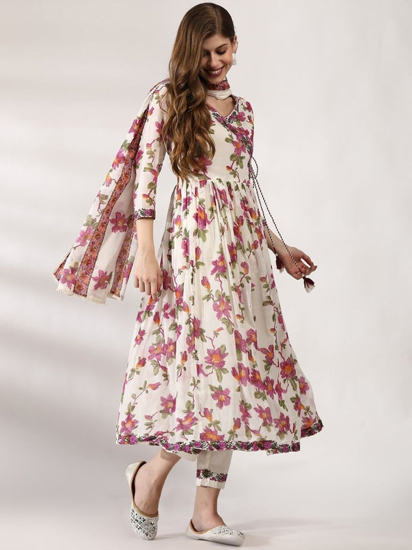Anouk Floral Printed V-Neck Angrakha Thread Work Pure Cotton Kurta with Trousers & Dupatta