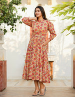 Thumbnail for Kaajh Women's Yellow-Red Floral Hand Block Print Cotton Dress - Distacart