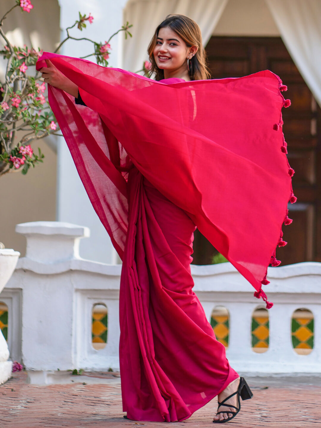 Zibaa Hand-Dyed Mul Cotton Pink Saree with Tassels