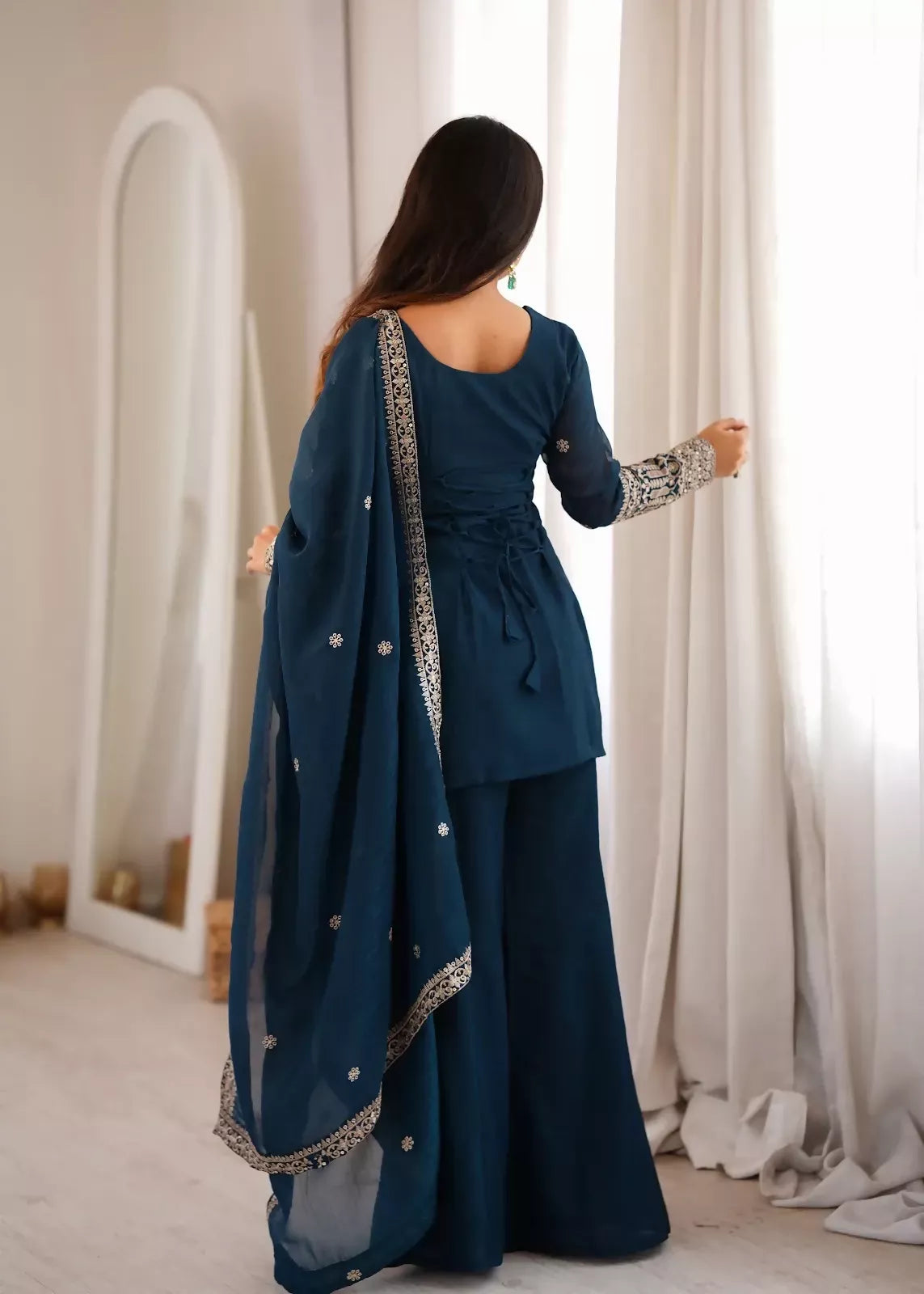 Teeya Creation Teal Blue Embroidered Short Kurta & Sharara Set - Dista