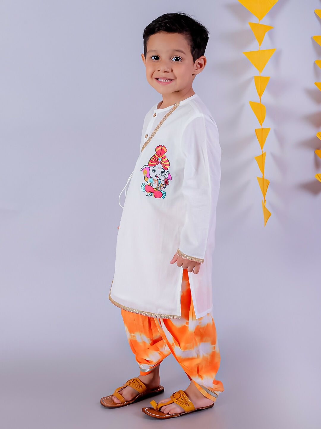 Lil Drama Janmashtami White Boys Cotton Kurta and Orange Dhoti Ethnic Set