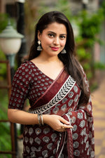 Thumbnail for Maroon Poly Georgette Ajrak Saree with Unstitched Blouse - Hiral Fashion - Distacart