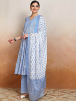 Thumbnail for Vishudh Women Floral Printed Angrakha Pure Cotton Kurta with Palazzos & With Dupatta - Distacart