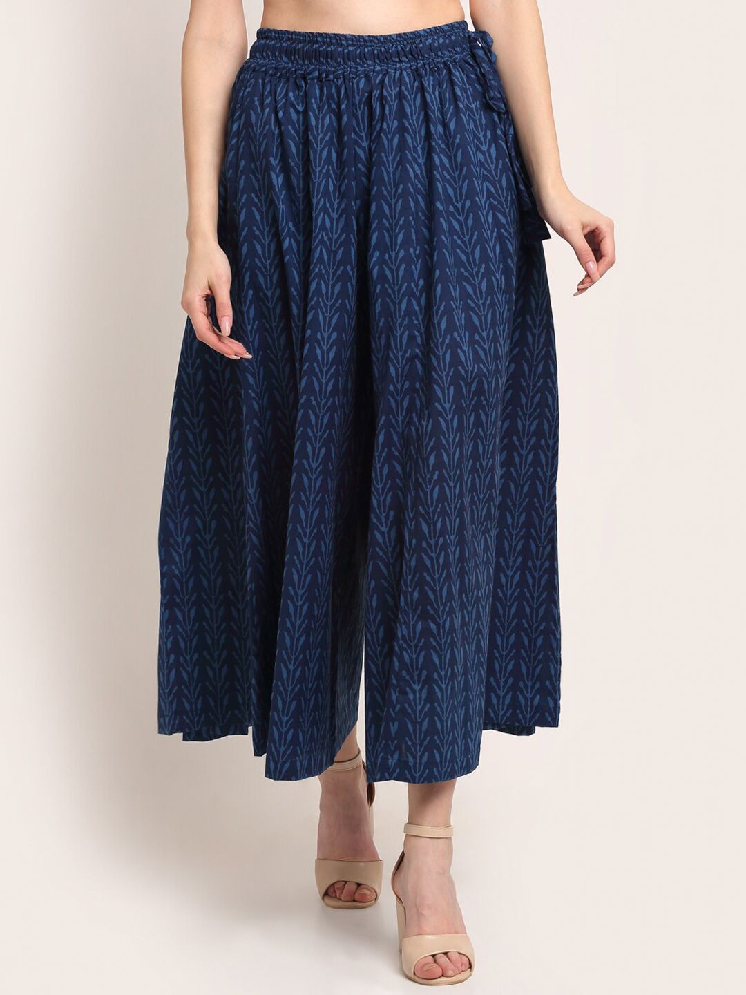 TAG 7 Women Navy Blue Ethnic Motifs Printed Flared Ethnic Palazzos - Distacart
