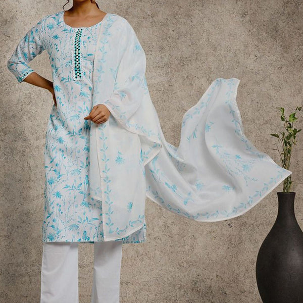 Ode by House of Pataudi Floral Printed Sequinned Linen Kurta with Trousers & Dupatta - Distacart