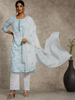 Thumbnail for Ode by House of Pataudi Floral Printed Sequinned Linen Kurta with Trousers & Dupatta - Distacart