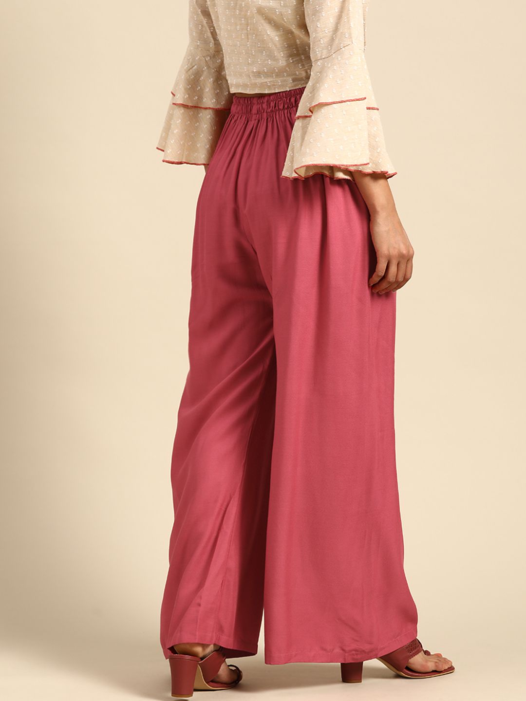 TAG 7 Women Pink Solid Wide Leg Palazzos
