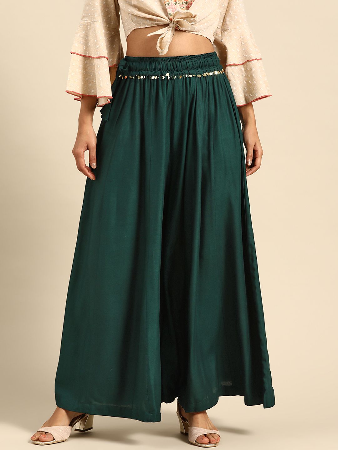 TAG 7 Women Green Solid Flared Palazzos - Distacart