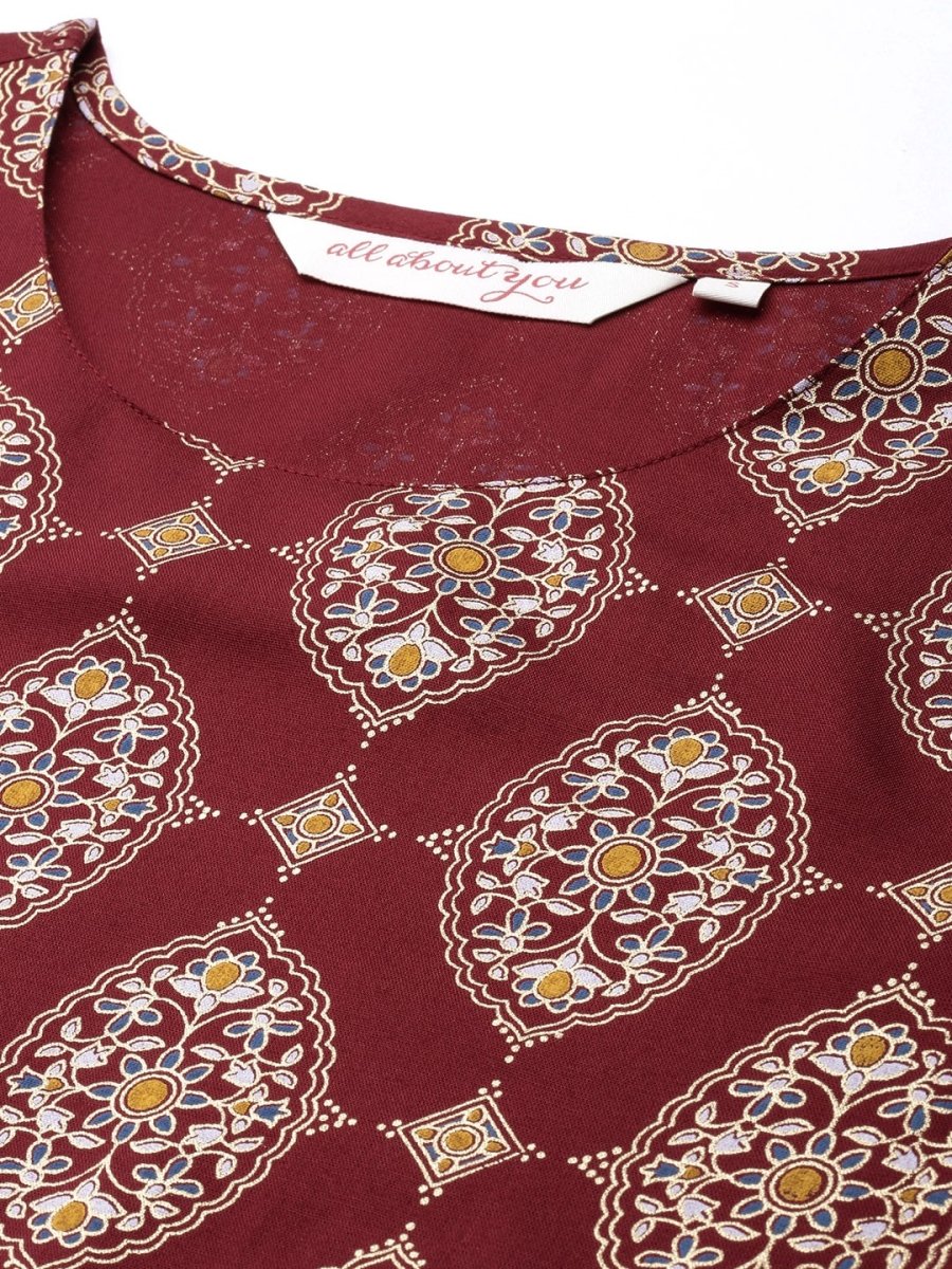 All About You Women Maroon Printed Kurta with Trousers - Distacart