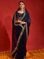 Thumbnail for Anouk Navy Blue Embellished Sequinned Pure Georgette Saree - Distacart