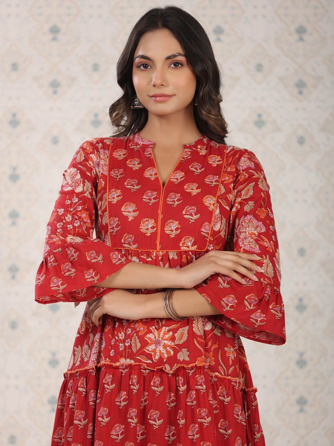 Ode by House of Pataudi Ethnic Motifs Printed Bell Sleeves A-Line Cotton Kurta - Distacart