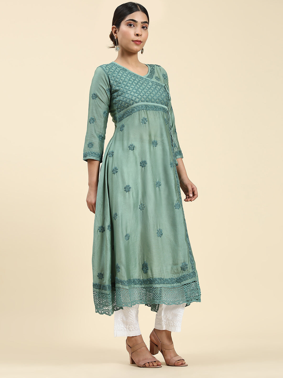 HOUSE OF KARI Embroidered Chikankari Chanderi Silk Anarkali Kurta - Distacart