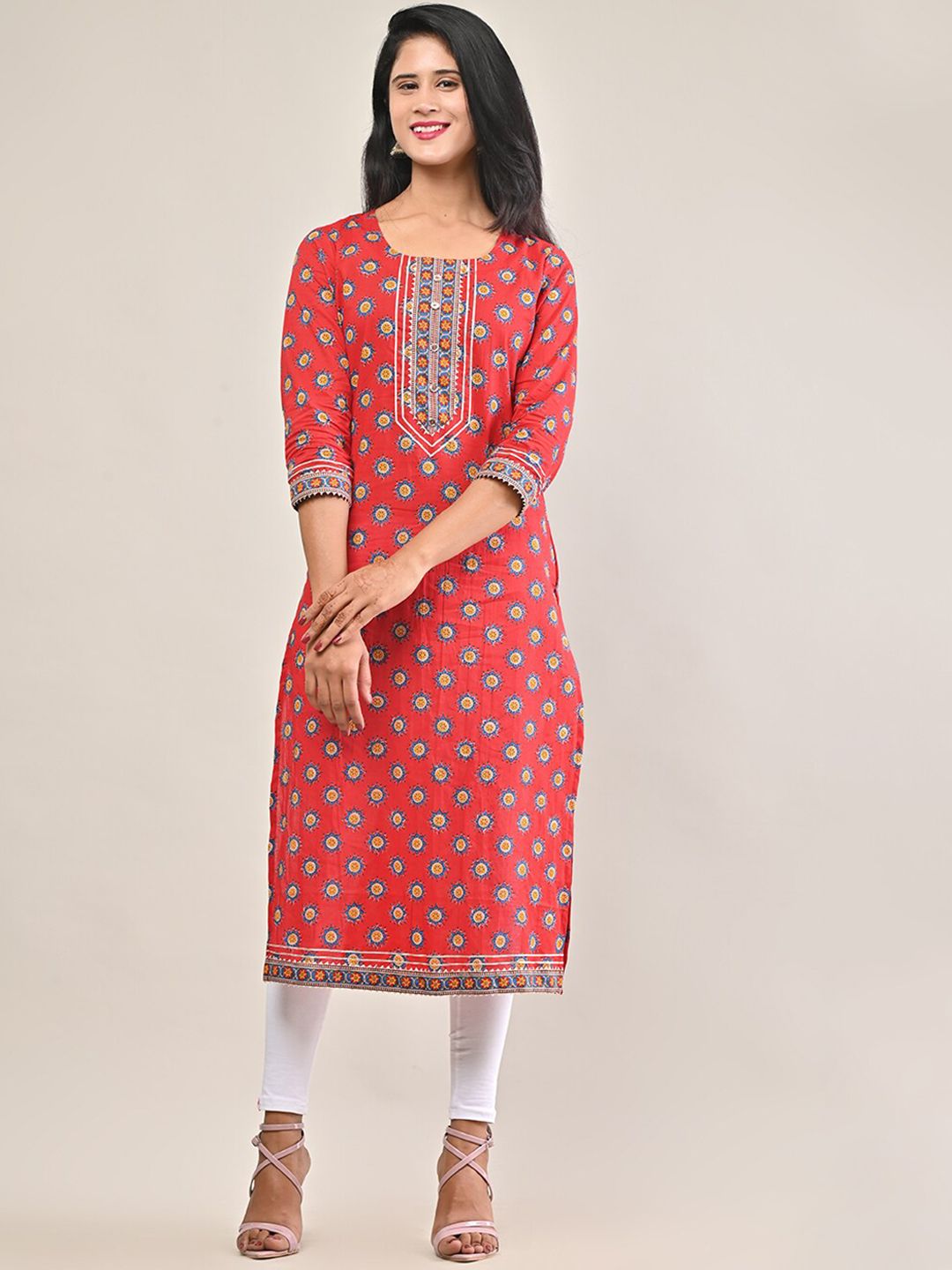 Swasti Women Red Ethnic Motifs Printed Straight Fit Pure Cotton Kurta - Distacart