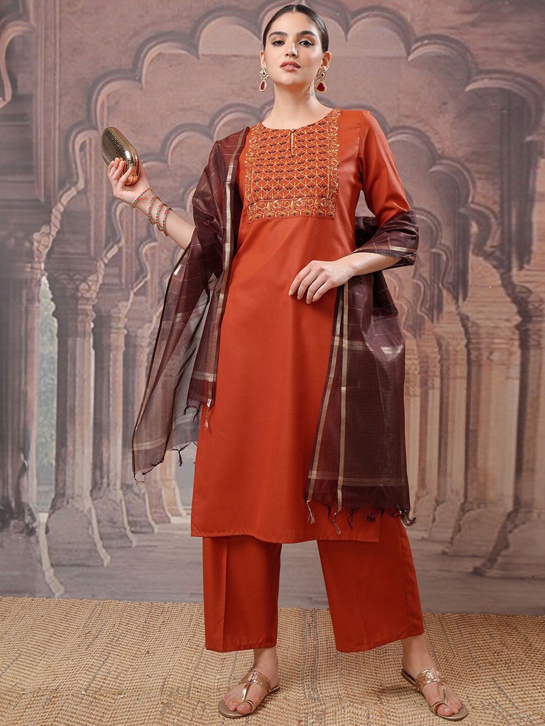 Vishudh Embroidered Regular Thread Work Kurta with Palazzo & Dupatta - Distacart