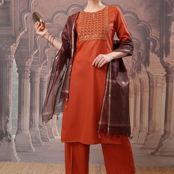 Vishudh Embroidered Regular Thread Work Kurta with Palazzo & Dupatta - Distacart