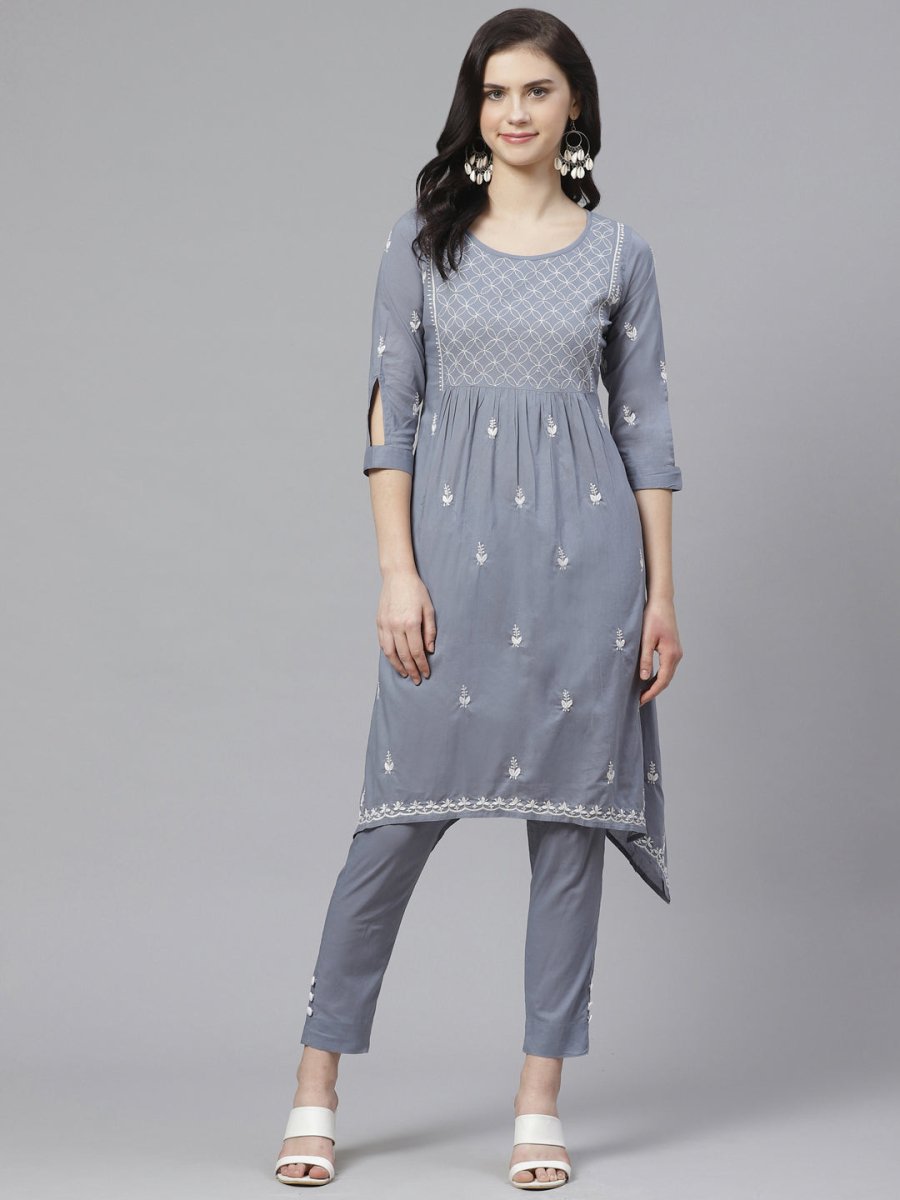 ADA Women Grey & White Chikankari Embroidered Sustainable Handloom Kurta with Trousers - Distacart