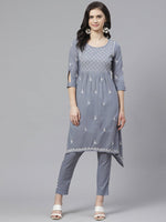 Thumbnail for ADA Women Grey & White Chikankari Embroidered Sustainable Handloom Kurta with Trousers - Distacart
