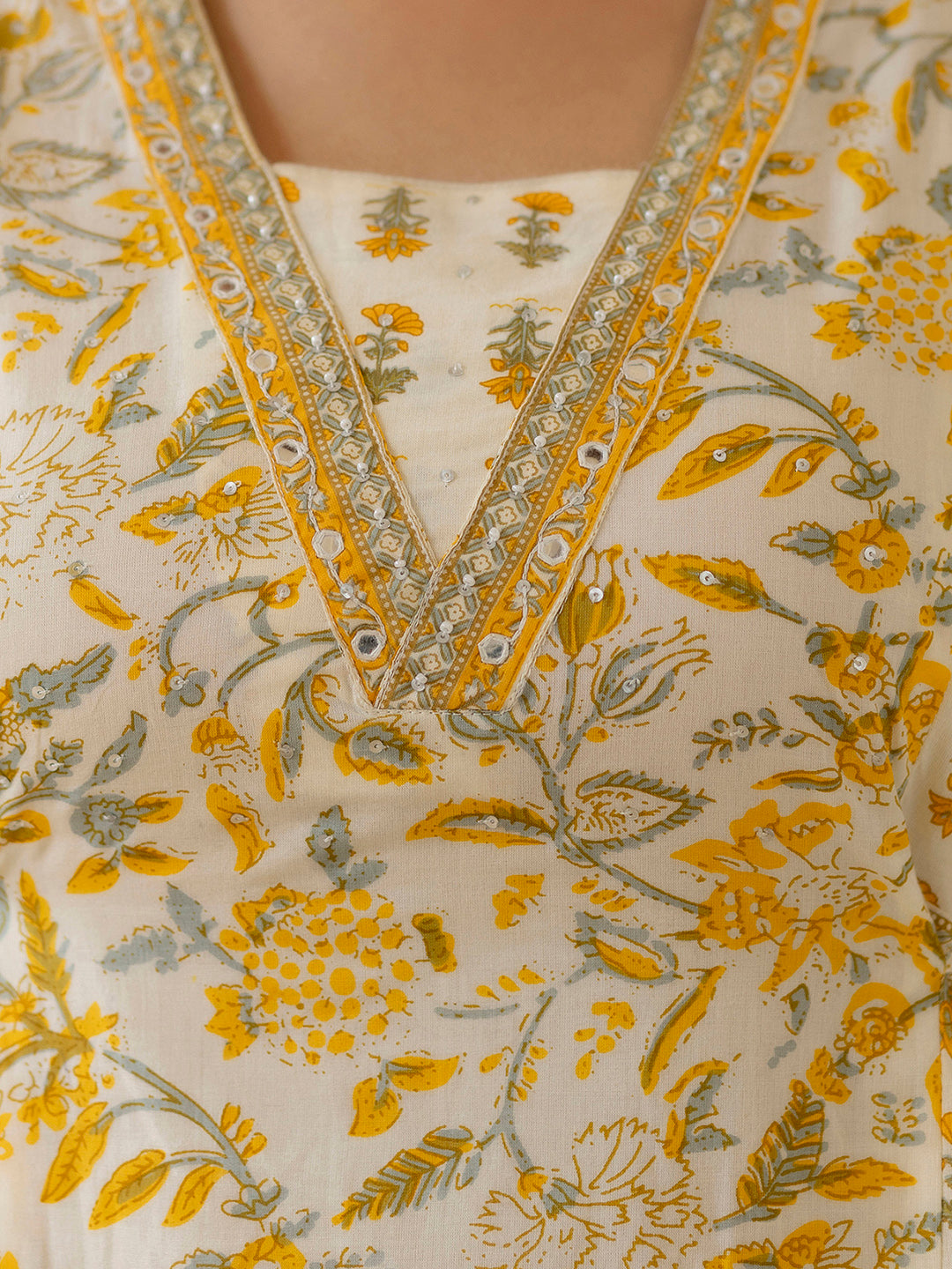 Kalini Floral Printed Sequined Mirror Work A-line Pure Cotton Kurta with Patiala & Dupatta - Distacart