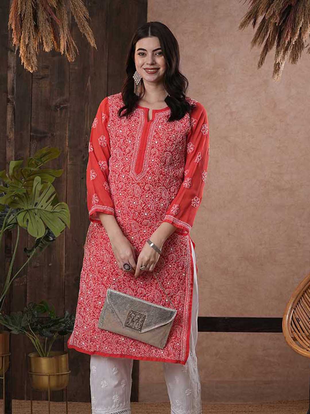 ADA Women Red & White Chikankari Hand Embroidered Semi-Sheer Straight Sustainable Handloom Kurta - Distacart