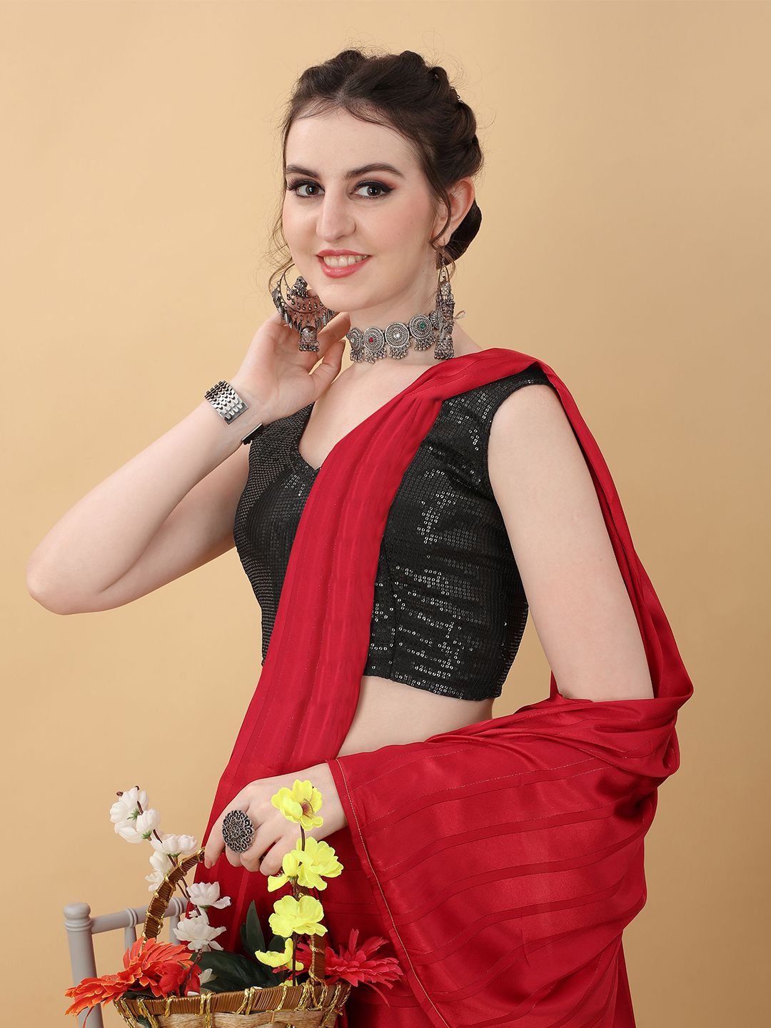 kasee Red & Black Striped Poly Georgette Saree - Distacart
