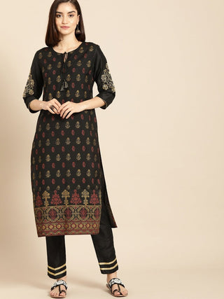 All About You Women Black & Yellow Floral Printed Regular Kurta with Trousers - Distacart