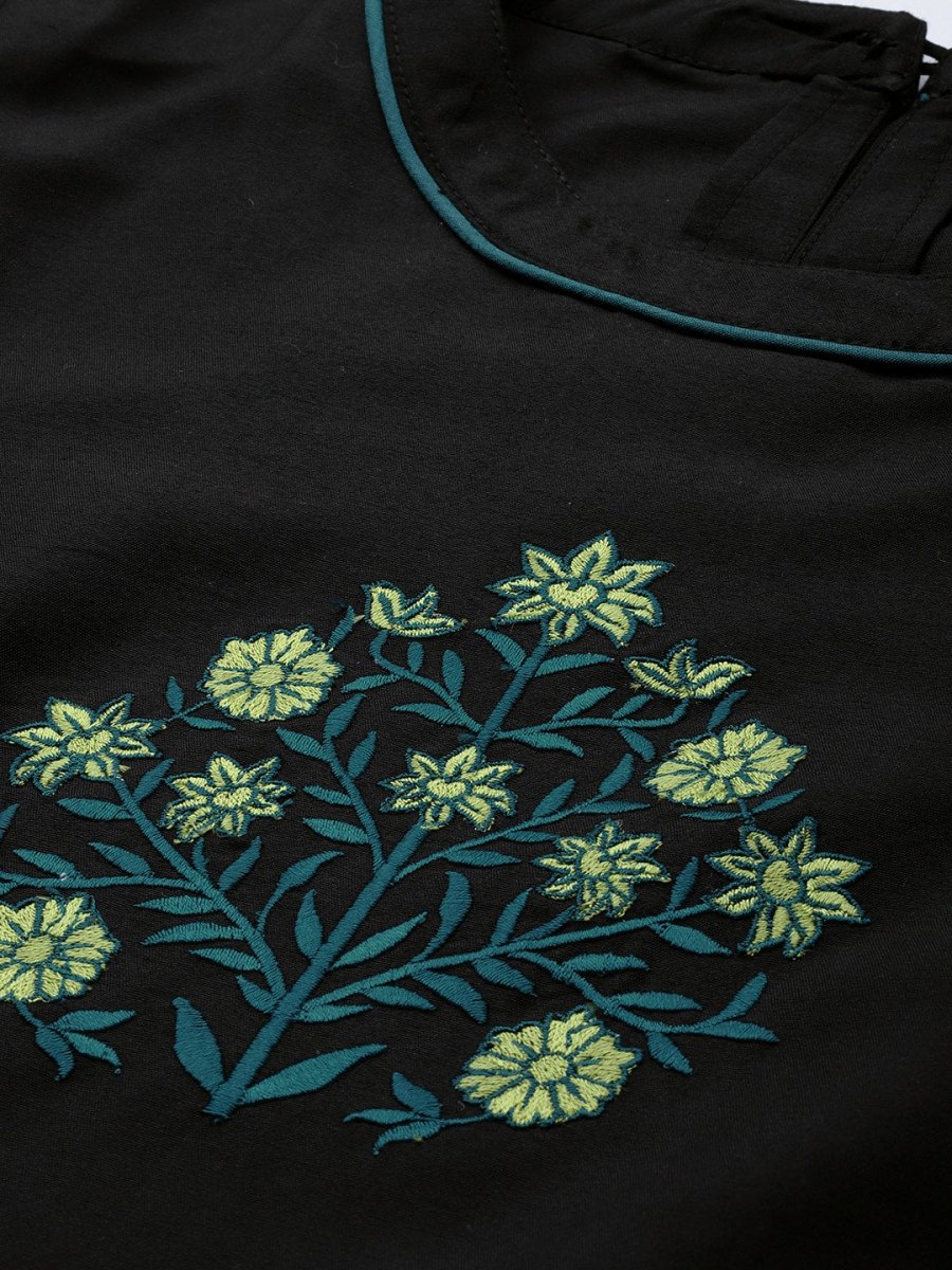 All About You Women Black Floral Yoke Design Regular Thread Work Kurta with Trousers - Distacart