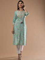 Thumbnail for Swasti Women Green Floral Printed Keyhole Neck Thread Work Floral Kurta - Distacart