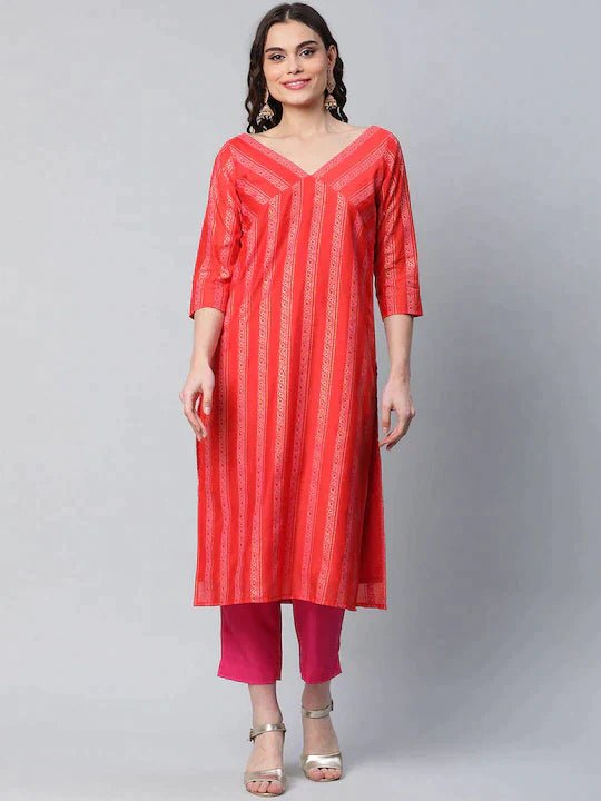 Ahalyaa Women Red Striped Kurta with Trousers - Distacart