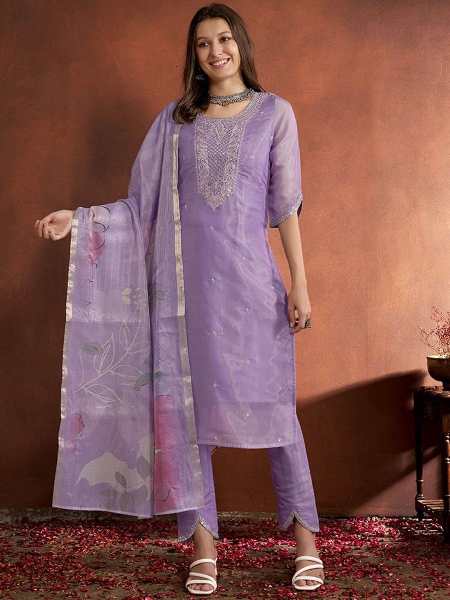 Anouk Lavender Ethnic Motifs Embroidered Straight Sequined Kurta with Trousers & Dupatta - Distacart