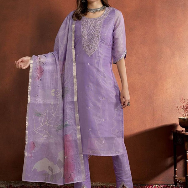 Anouk Lavender Ethnic Motifs Embroidered Straight Sequined Kurta with Trousers & Dupatta - Distacart