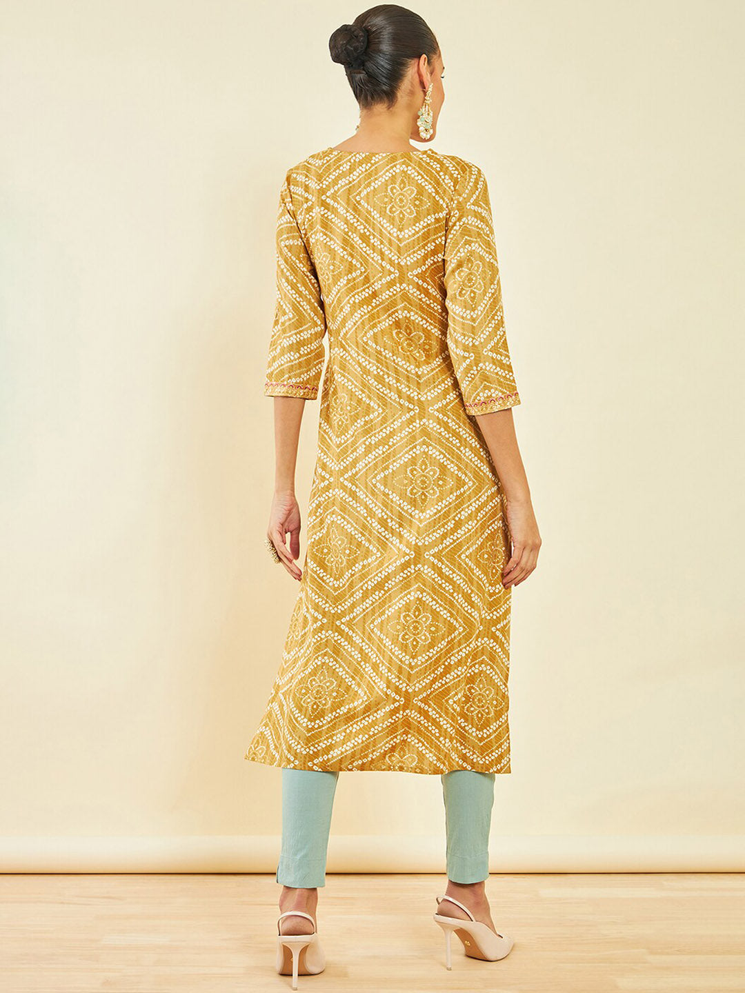 Soch Mustard Yellow Bandhani Printed Round Neck Thread work Regular Kurta - Distacart