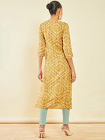 Thumbnail for Soch Mustard Yellow Bandhani Printed Round Neck Thread work Regular Kurta - Distacart