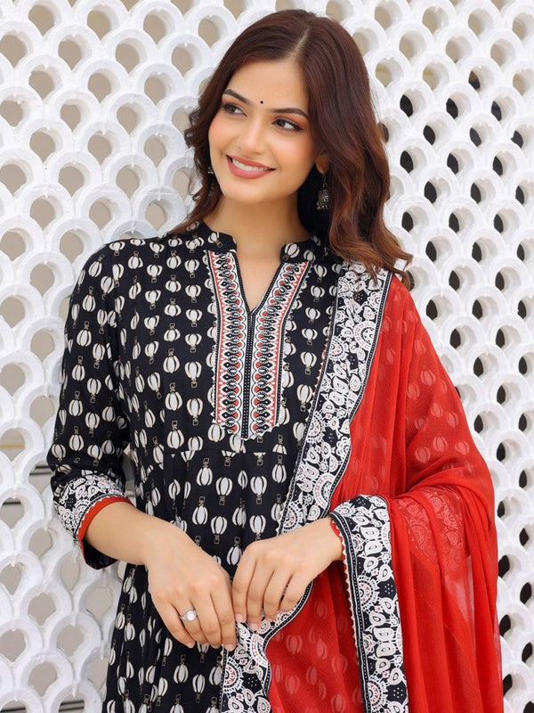 Anouk Black Ethnic Motifs Printed Mandarin Collar Anarkali Kurta With Trousers & Dupatta