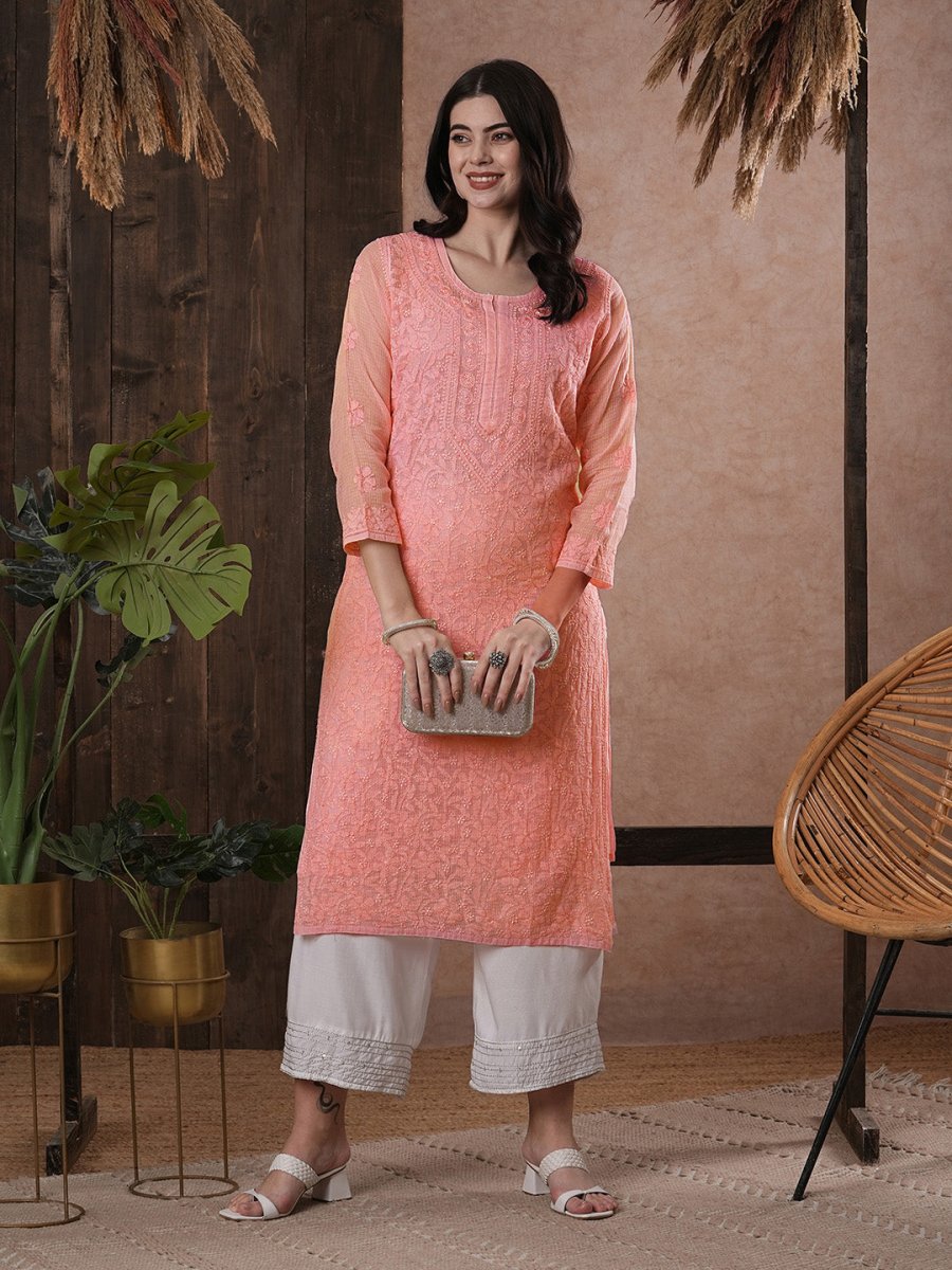 ADA Women Peach-Coloured Chikankari Hand Embroidered Straight Kota Handloom Kurta With Matching Slip - Distacart