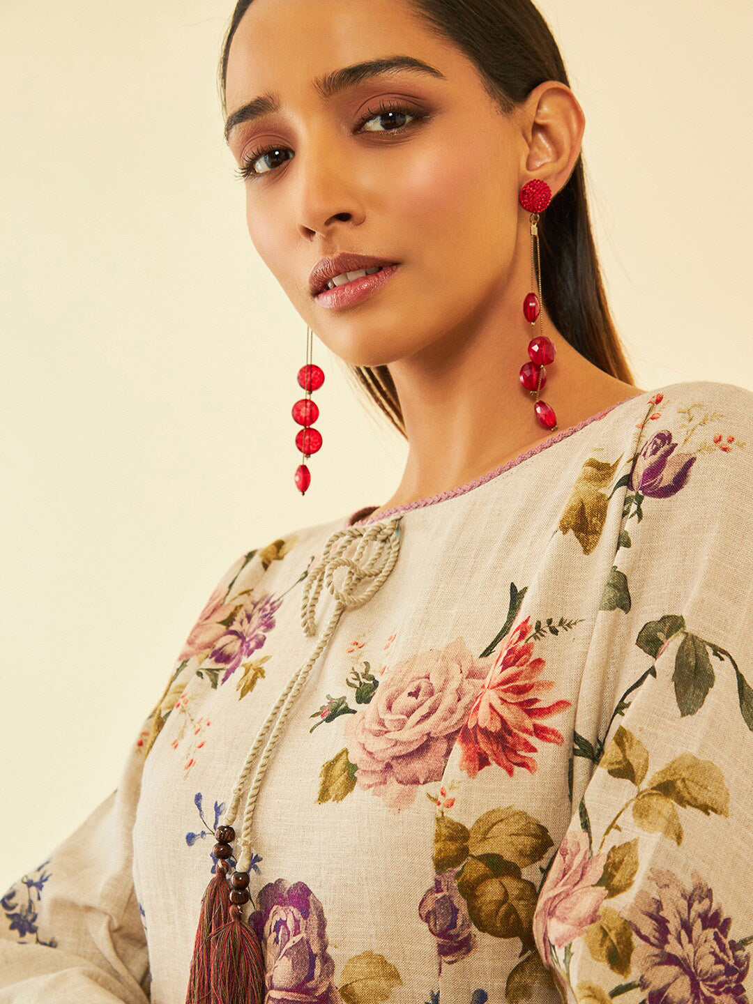 Soch Floral Printed Tie-Up Neck Linen Straight Kurta - Distacart