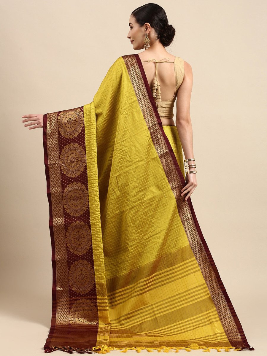 Anouk Mustard Yellow & Gold-Toned Checked Zari Pure Silk Kanjeevaram Saree - Distacart