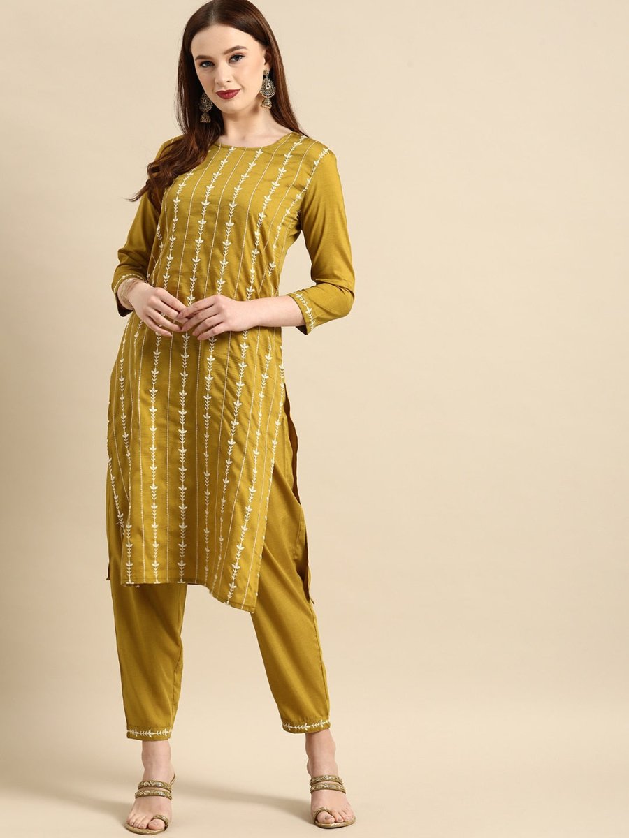 All About You Women Mustard Yellow Floral Embroidered Thread Work Kurta with Trousers - Distacart