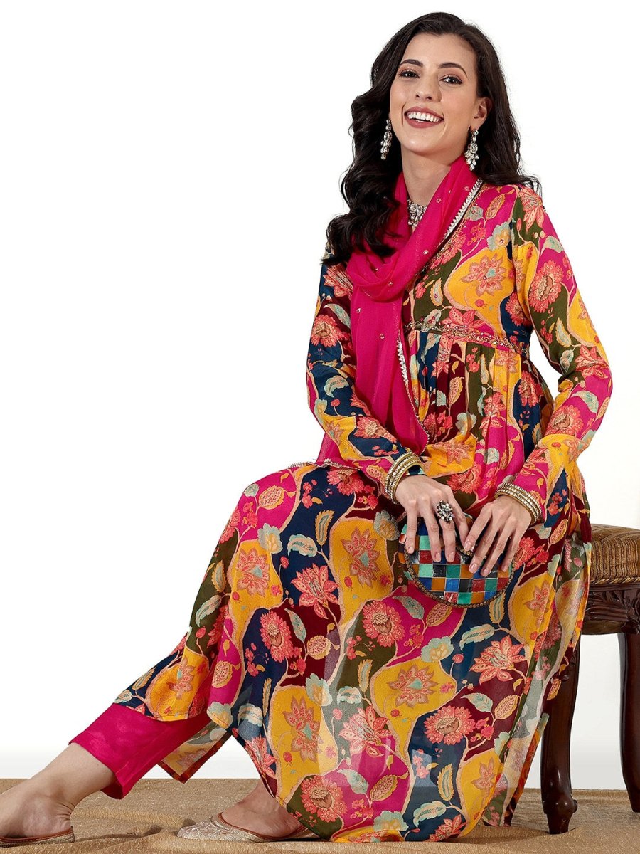 Anouk Floral Printed V-Neck Empire Anarkali Kurta & Trousers With Dupatta - Distacart