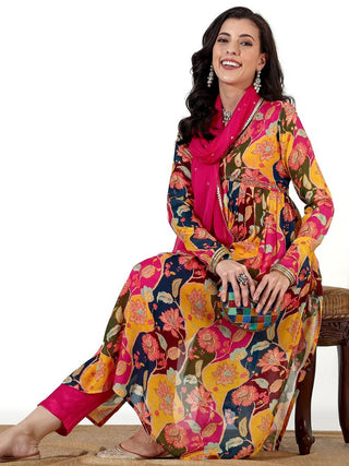 Anouk Floral Printed V-Neck Empire Anarkali Kurta & Trousers With Dupatta - Distacart
