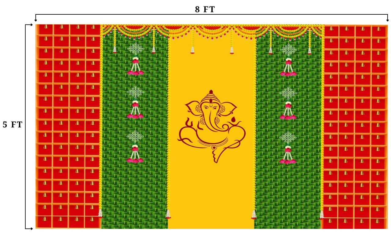 Sri Yagnaa Decoration M 34 – Ganesh Backdrop Cloth with Bells, 8 x 5 Ft - Dista