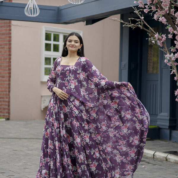 Aayaa Designer Printed Georgette Full Flare Gown With Dupatta - Multi Color - Distacart