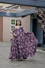 Thumbnail for Aayaa Designer Printed Georgette Full Flare Gown With Dupatta - Multi Color - Distacart