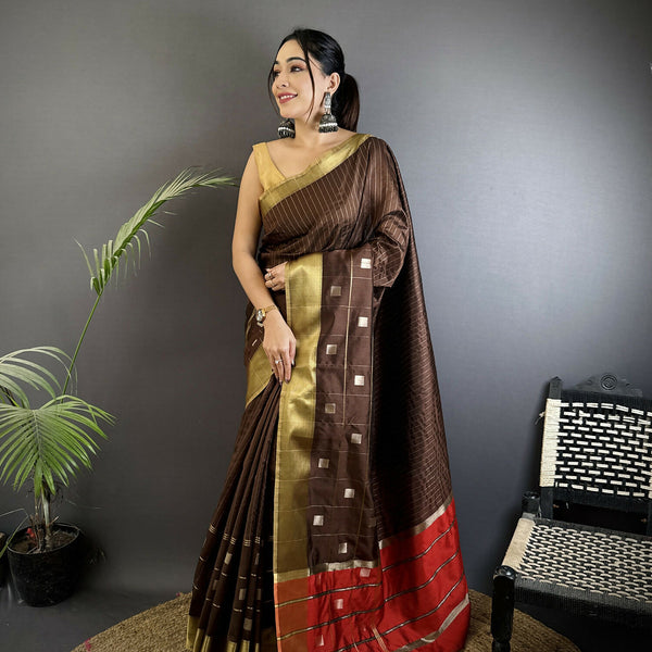 Joban Fashion Chocolate Brown Bhagalpuri Cotton Silk Stripes/Box Saree