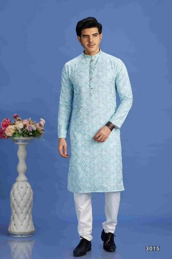 Raivat Ethnic Cotton Embroidery Kurta Pajama In Sky Blue Colour - Dista