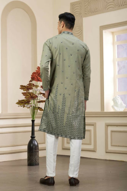 Raivat Ethnic Art Silk Thread Work Kurta Pajama In Green Colour - Distacart