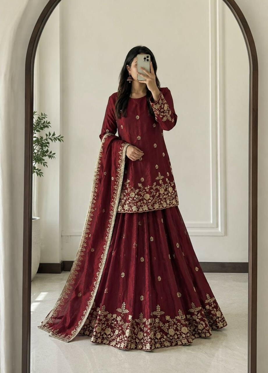 Teeya Creation Womens New Latest Heavy Embroidery Sequins Work Lehenga Set - Red