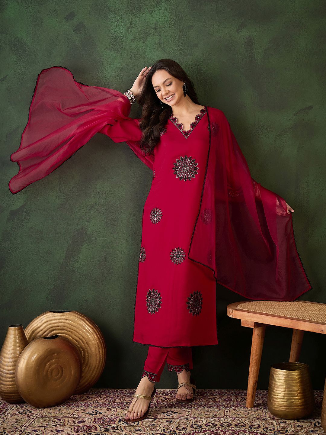 Sangria Zari Sequence Embroidered Kurta & Trouser With Dupatta - Distacart