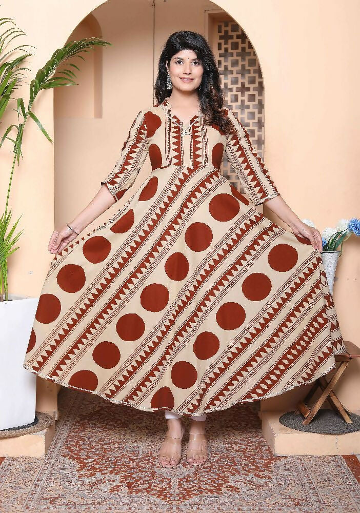 Miravan Womens Brown Printed V-Neck Anarkali Kurta